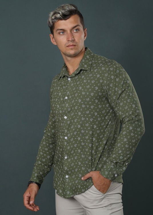 Olive Printed Casual L/S Shirt