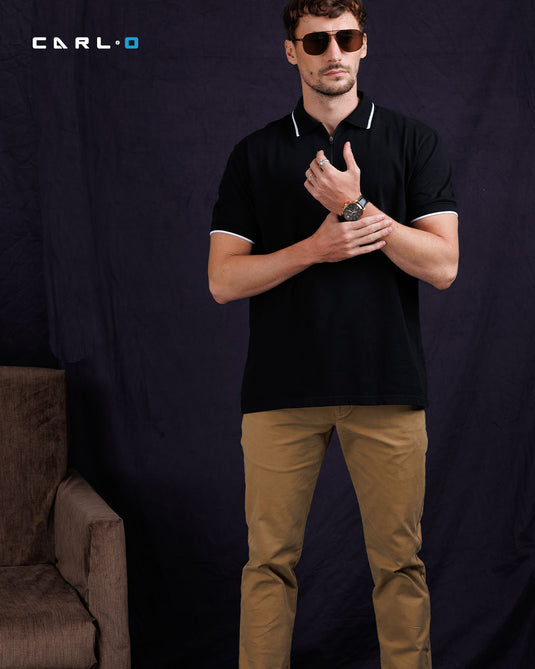 Casual wear zip neck polo collar S/S T-Shirt