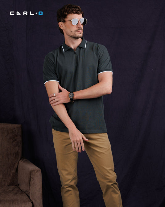 Casual wear zip neck polo collar S/S T-Shirt