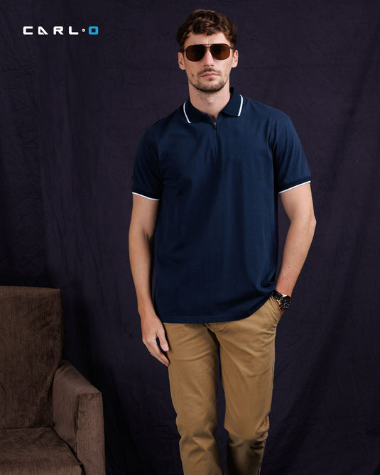 Casual wear zip neck polo collar S/S T-Shirt