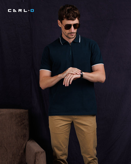 Casual wear zip neck polo collar S/S T-Shirt