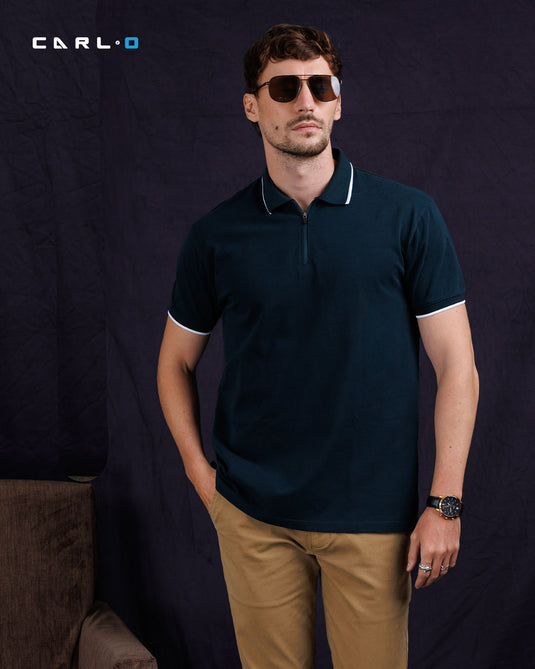 Casual wear zip neck polo collar S/S T-Shirt