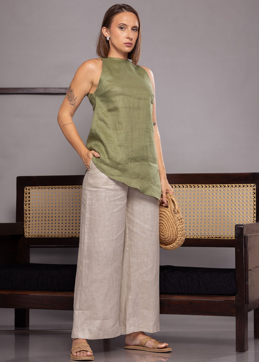 Halter neck linen top with asymmetrical hem