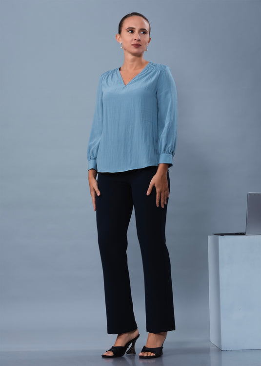 V Neck Long Sleeve Blouse With Smocking Detail