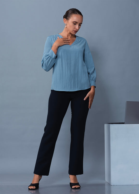 V Neck Long Sleeve Blouse With Smocking Detail