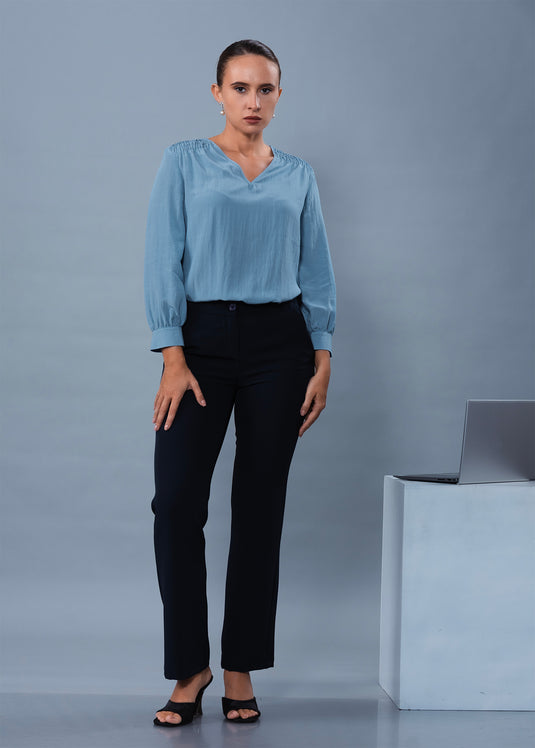 V Neck Long Sleeve Blouse With Smocking Detail