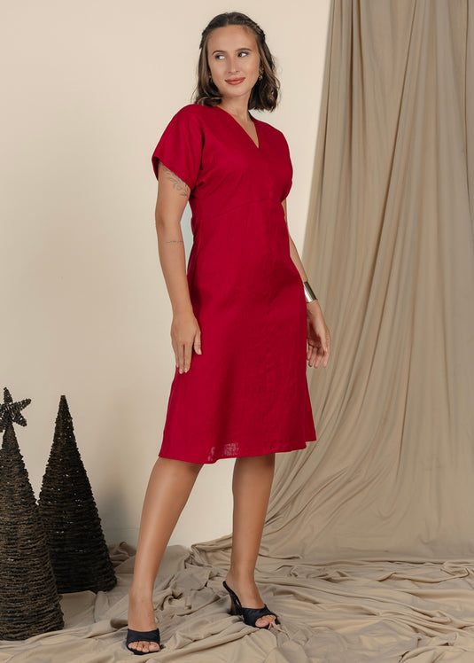V Neck Inen Dress With Kimono Sleeve