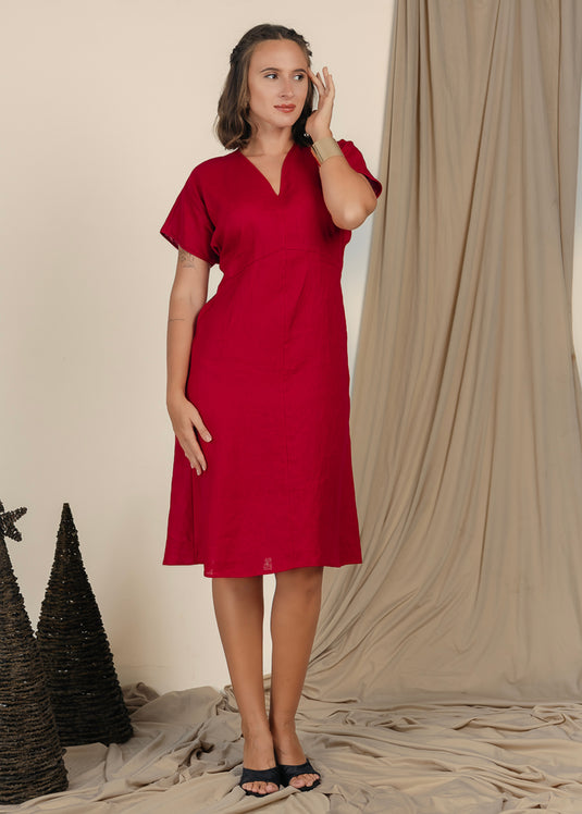 V Neck Inen Dress With Kimono Sleeve