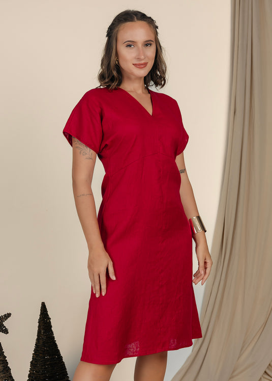 V Neck Inen Dress With Kimono Sleeve