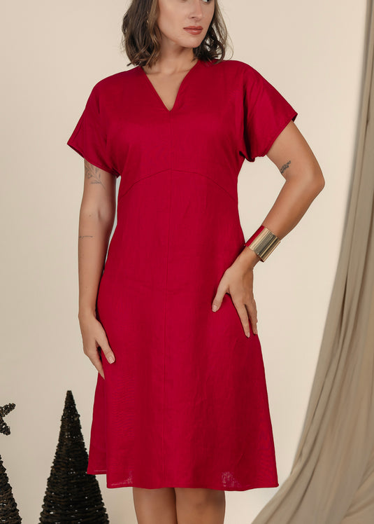 V Neck Inen Dress With Kimono Sleeve