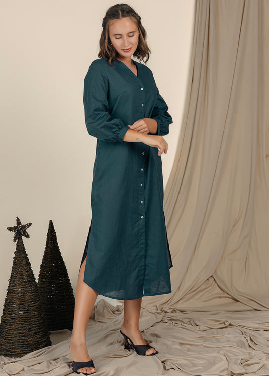 V Neck Long Sleeve Midi Dress With Buttons