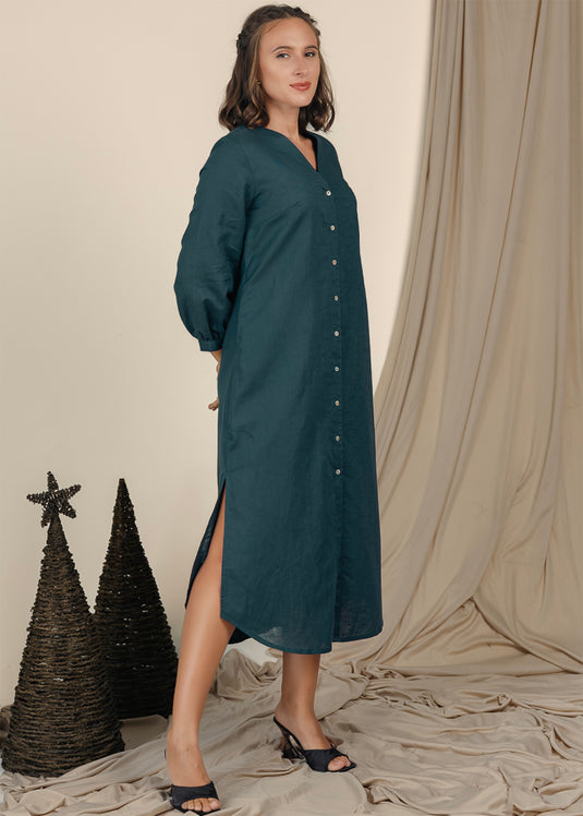 V Neck Long Sleeve Midi Dress With Buttons