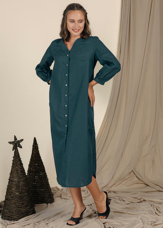 V Neck Long Sleeve Midi Dress With Buttons