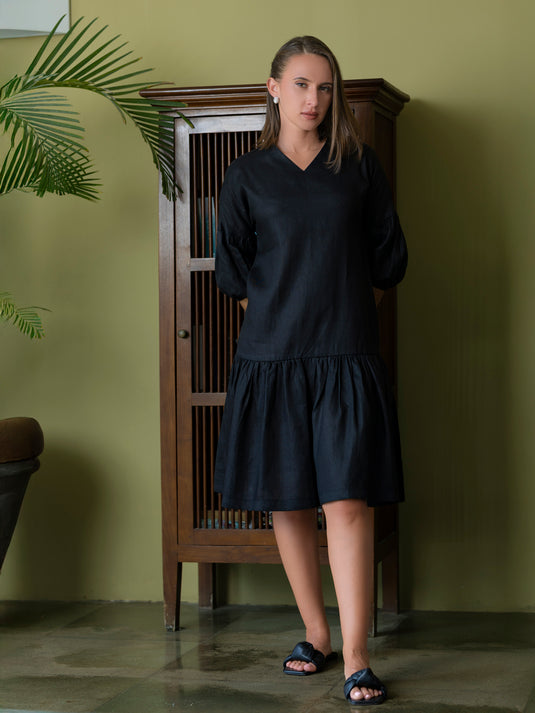 V neck premium linen dress with tiered panel
