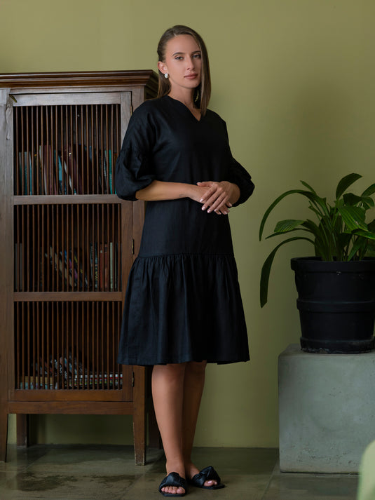 V neck premium linen dress with tiered panel