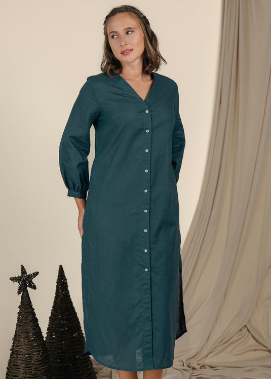 V Neck Long Sleeve Midi Dress With Buttons