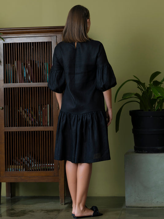 V neck premium linen dress with tiered panel