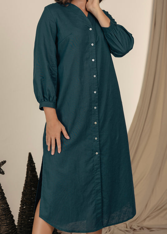 V Neck Long Sleeve Midi Dress With Buttons
