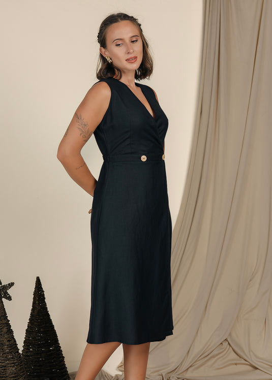 Sleeveless Linen wrap dress with buttons