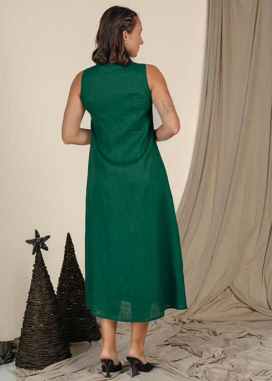 Sleeveless Midi Length Linen Dress With Buttons