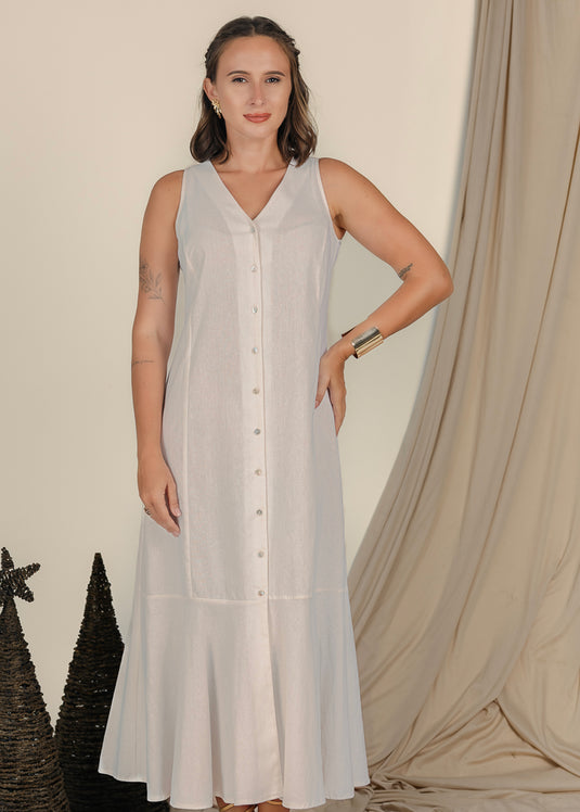 Button Down Linen Maxi Dress With Tiered Panel