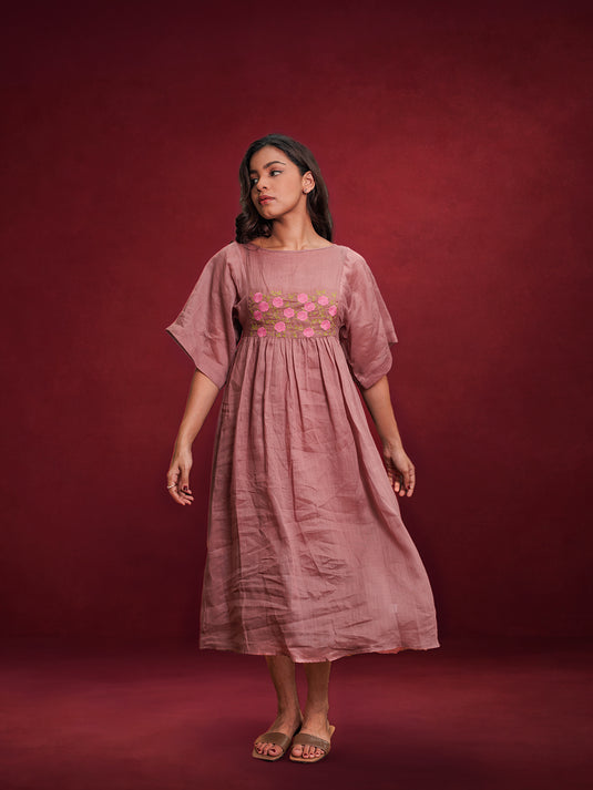 Kimono Sleeve Ramie Dress With Embroidery