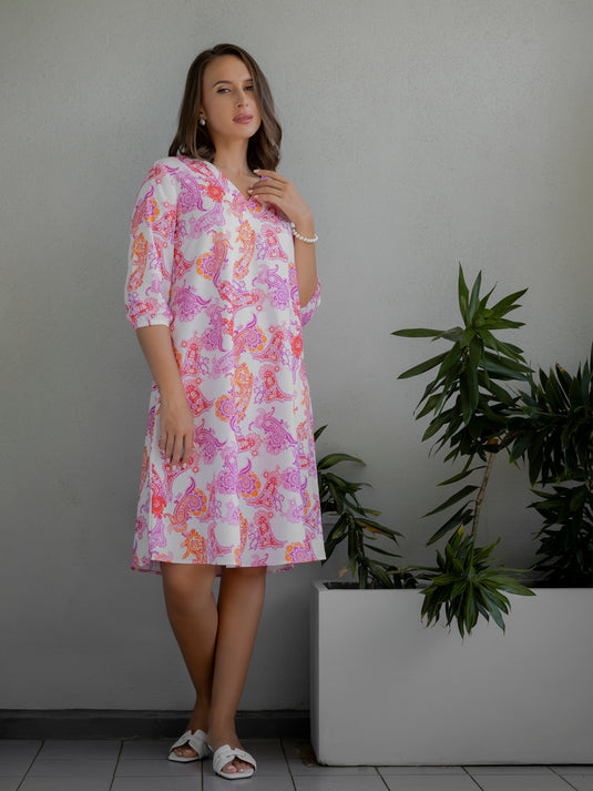 Printed V neck dress