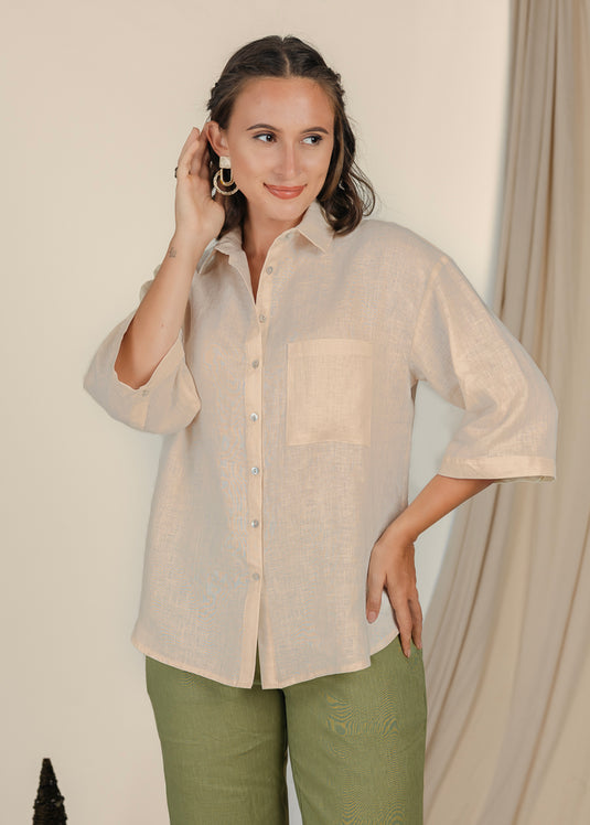 Drop Shoulder Boxy Linen Shirt With Pocket