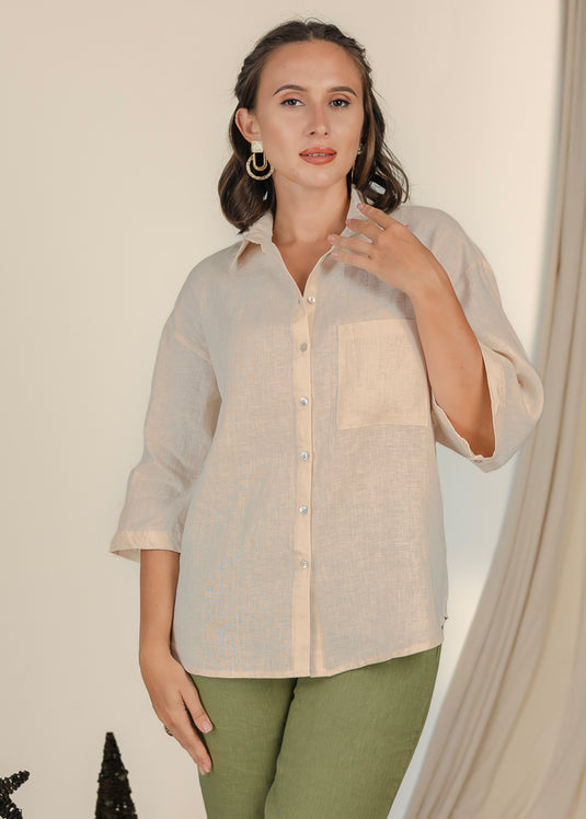 Drop Shoulder Boxy Linen Shirt With Pocket