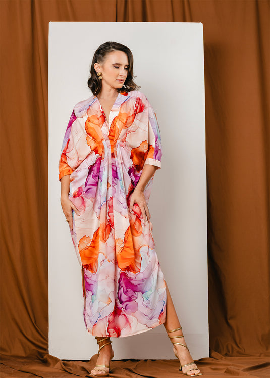 Front pleated maxi kaftan dress