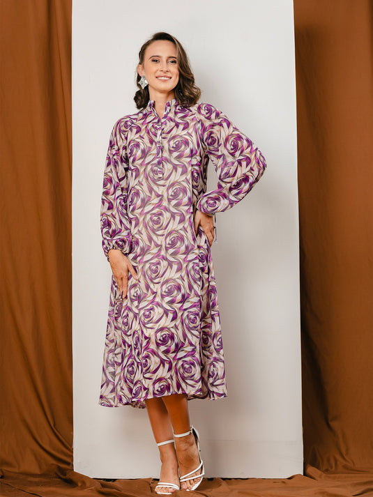 Button down printed dress with long sleeves