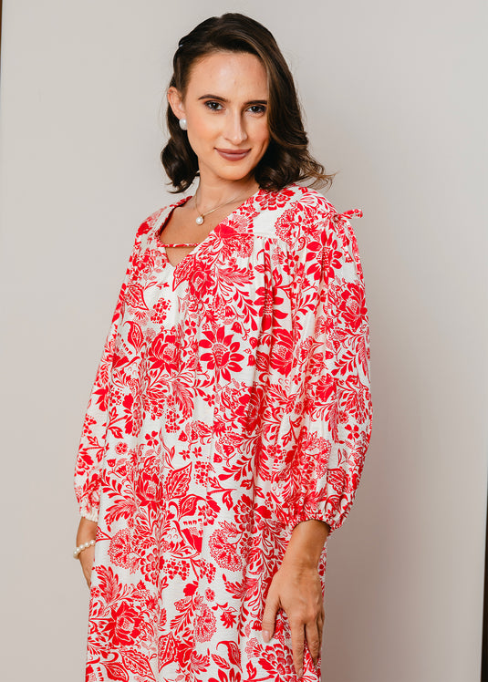 Printed V neck dress with draw cord detailing