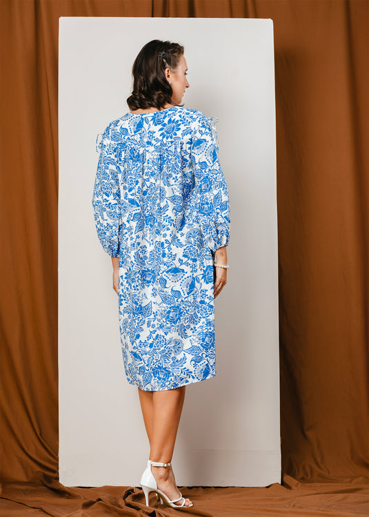 Printed V neck dress with draw cord detailing