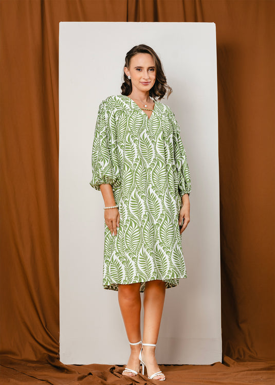 Printed V neck dress with draw cord detailing