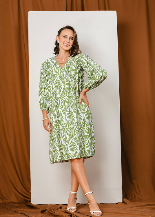 Printed V neck dress with draw cord detailing