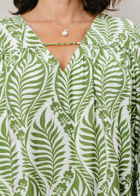 Printed V neck dress with draw cord detailing