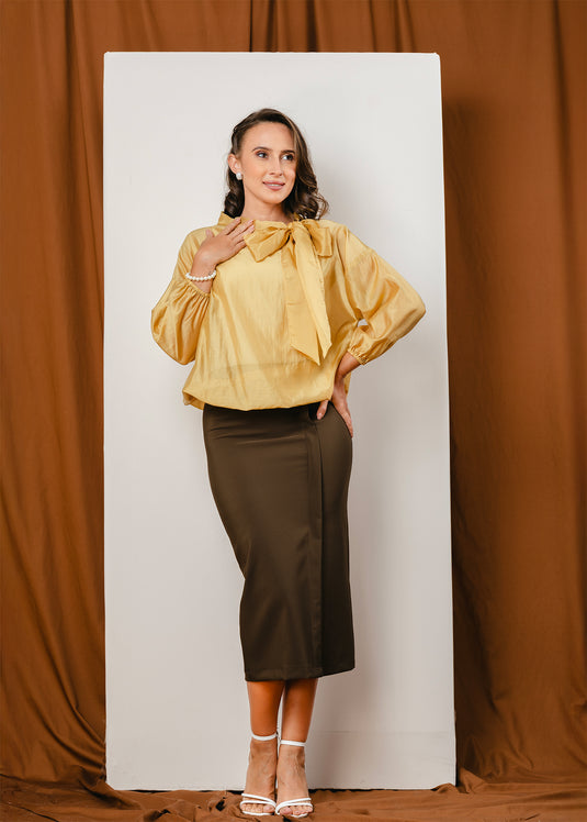 Elasticated hem blouse with front functional tie