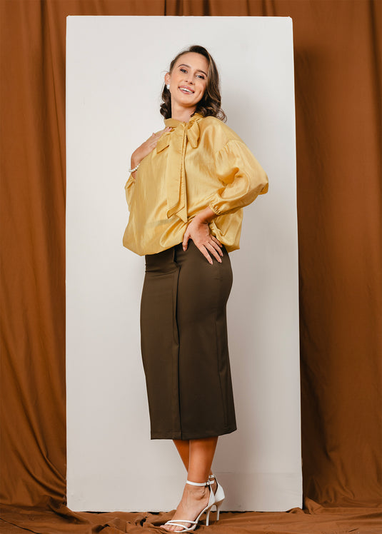 Elasticated hem blouse with front functional tie