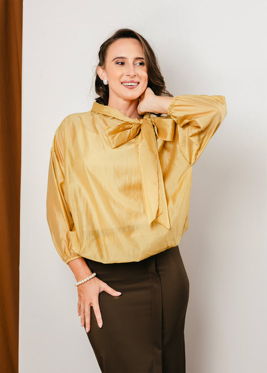 Elasticated hem blouse with front functional tie