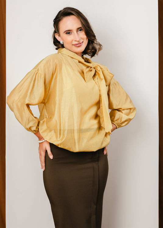 Elasticated hem blouse with front functional tie