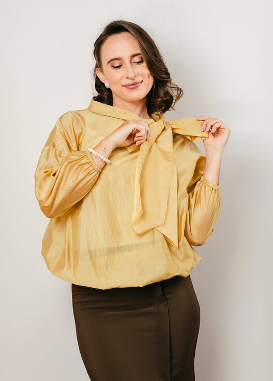 Elasticated hem blouse with front functional tie
