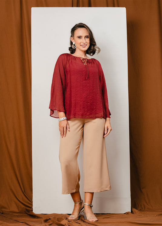 Bell sleeve blouse with front tie
