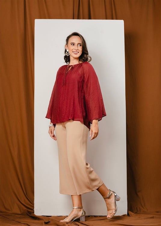Bell sleeve blouse with front tie