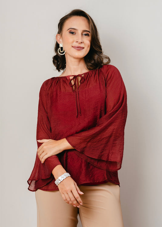 Bell sleeve blouse with front tie
