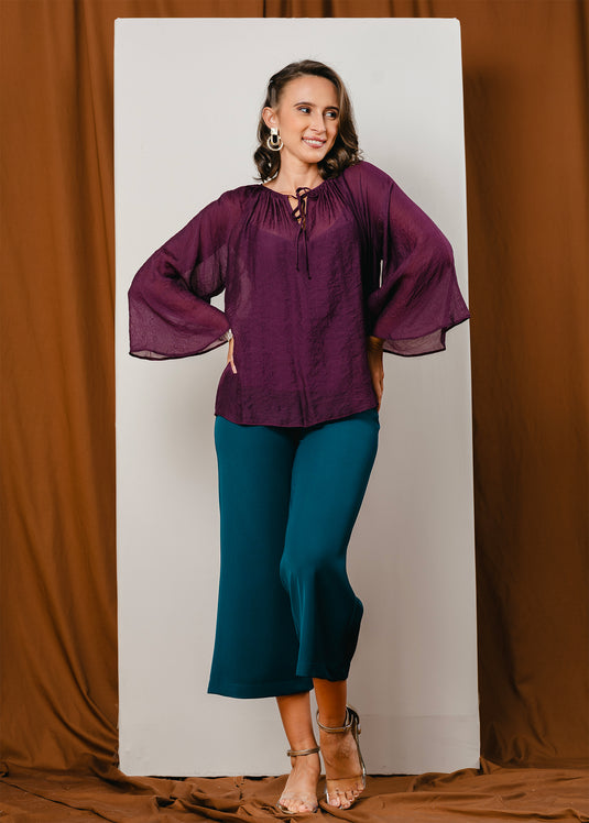 Bell sleeve blouse with front tie