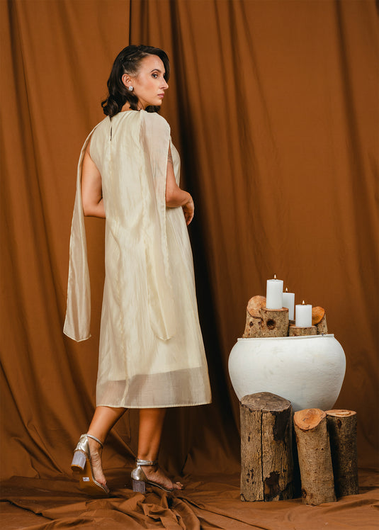 Sleeveless midi length dress with tie detailing