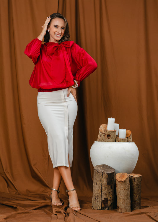 Elasticated hem blouse with front functional tie