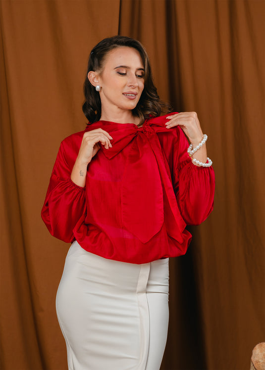 Elasticated hem blouse with front functional tie