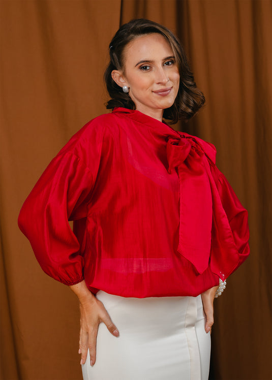Elasticated hem blouse with front functional tie