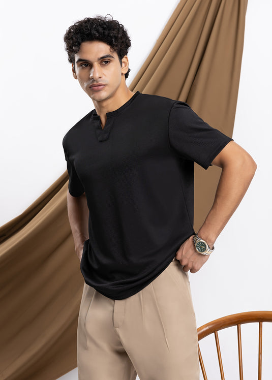 Waffle Notch Neck Short Sleeve T-Shirt